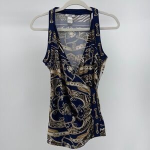Cache Y2K Blue & Gold Chain Detail Cross Front Stretch Knit Tank, Women's Medium